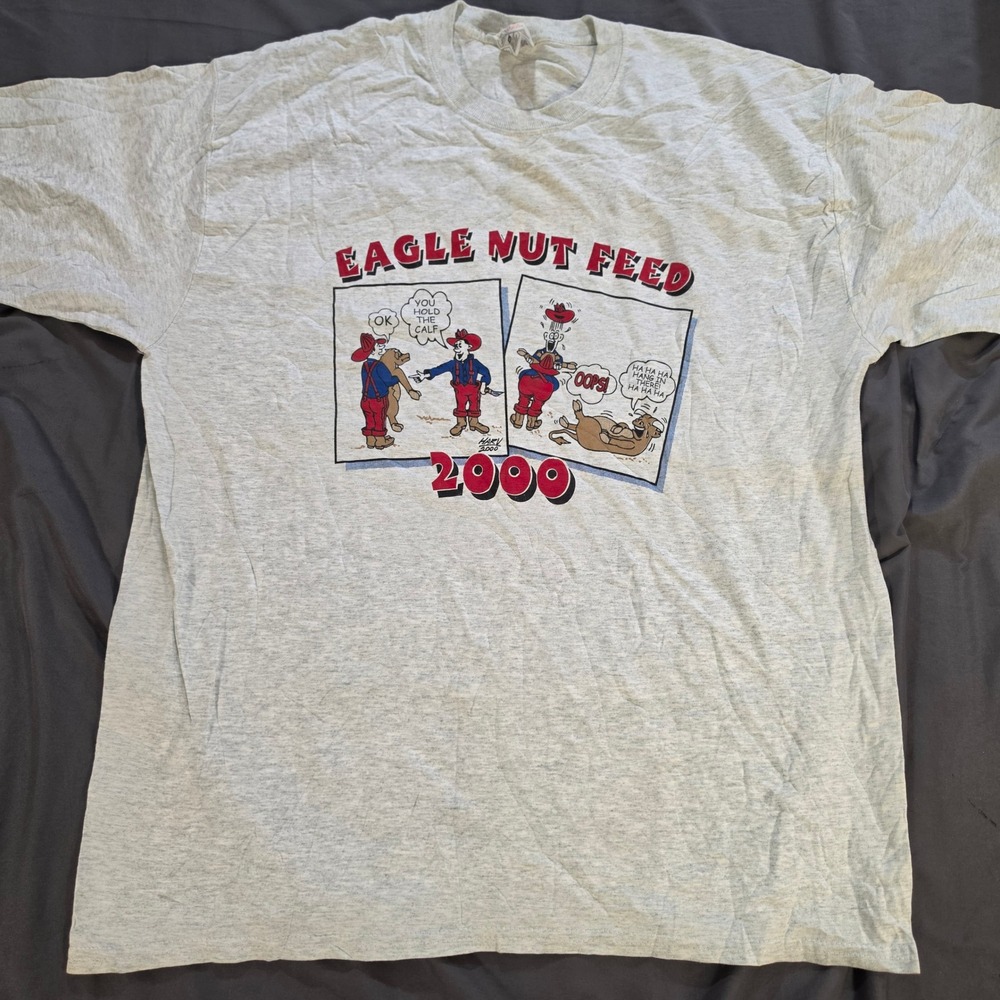 Vintage Fruit of the Loom Eagle Nut Feed 2000 Comic T-Shirt Gray XL Harv Graphic